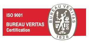 Logo ISO 9001 et Bureau Veritas, certification de qualité sur fond rouge à Salbris dans le Loir-et-Cher 41
